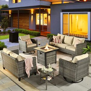 OVIOS Patio Furniture Set 6 PCS Outdoor Wicker Rocking Swivel Chairs Sectional Sofa Set with Loveseat and Fire Pit Table High Back Rattan Sofa for Yard Garden Porch (Beige)
