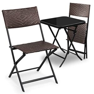 MoNiBloom 3 Piece Patio Bistro Dining Furniture Set, 2 Rattan Foldable Chairs and Round Table w/Tempered Glass Tabletop for Lawn Garden Backyard