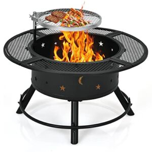 ORALNER Outdoor Fire Pit, 32 Inch Wood Fire Pit with Swivel Cooking Grate Wood Burning Firepit Grill Metal Fire Bowl, Fire Pits for Outside, Backyard