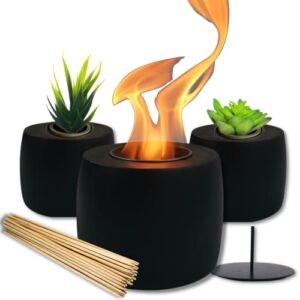 Denali Tabletop Fire Pit with Faux Succulents – Indoor / Outdoor Table Top Patio Fire Bowl with S’Mores Sticks and Extinguisher (Midnight Black Firepit)
