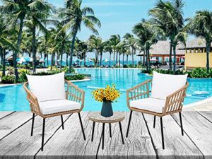 3 Pieces Wicker Outdoor Patio Chairs with Round Table & Cushions, All-Weather Rattan Patio Furniture Set, Outdoor Sectional Sofa for Patio, Balcony, Backyard, Deck