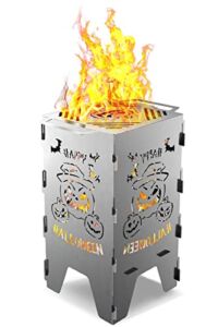 KISSLIVE Portable Fire Pit with BBQ Grill 8″ x 16″, Detachable Outdoor Fireplace with Barbecue Grate Tray, Portable Wood Buring Camping Fire Pits for Garden Patio