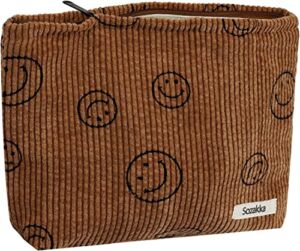 Cosmetic Bags for Women – Corduroy Cosmetic Bag Aesthetic Women Handbags Purses Smile Dots Makeup Organizer Storage Makeup Bag Girls Pencil Case Bags (Brown)
