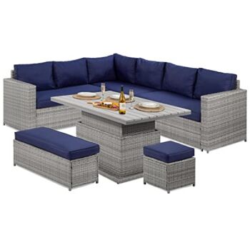 Best Choice Products 6-Piece Wicker Conversation Sofa Set, 2-in-1 Outdoor Patio Furniture w/Height-Adjustable Dining Table, Weather-Resistant Cushions, Cover Included – Gray/Navy | The Storepaperoomates Retail Market - Fast Affordable Shopping