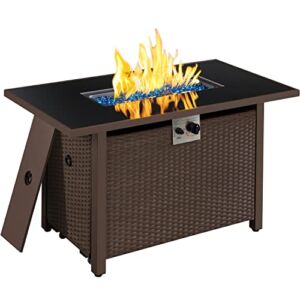 Yaheetech 43 in Propane Fire Pit 50,000 BTU Outdoor Gas Fire Pit Table with Tempered Glass Tabletop and Rattan Wicker Base, Rectangle Fire Table for Patio Deck Party Gathering w/Rain Cover, Brown