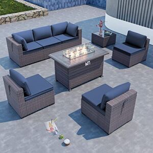 Kullavik 8PCS Outdoor Patio Furniture Set with 43″ 55000BTU Gas Propane Fire Pit Table PE Wicker Rattan Sectional Sofa Patio Conversation Sets,Navy Blue