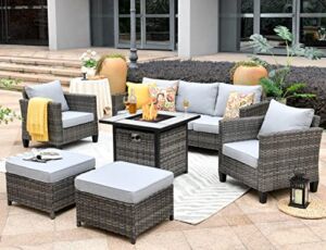 OVIOS Patio Furniture Sets 6 PCS Outdoor Wicker Rattan Patio Sofa Sectional Set with Fire Pit Table Garden Backyard Porch (Grey)