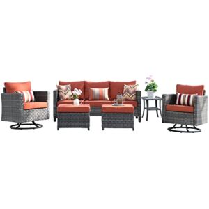 OVIOS Patio Furniture Set 6 PCS Outdoor Rocking Swivel Chairs Sectional Sofa Set with Side Table High Back Wicker Rattan Sofa for Yard Garden Porch (Orange Red)