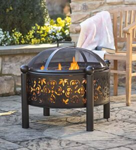 Plow & Hearth Tiles Wood Burning Fire Pit with Cutout Design and Stylized Sphere-Capped Legs, Removable Domed Spark Guard, Cooking Grate, 360° Flame View, 28″ Dia. x 22″ H
