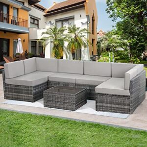 U-MAX 7 Pieces Outdoor Sectional Sofa Patio Furniture Sets PE Rattan Wicker Patio Conversation Set with 6 Grey Chairs and 1 Coffee Table