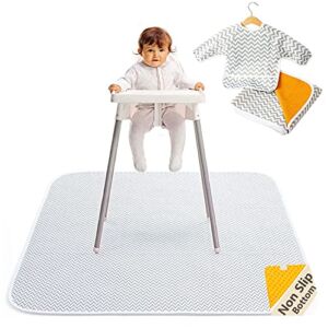 2-in-1 Waterproof Baby Splat Mat for Under High Chair (51” x 51”) with Toddler Smock and Weaning Ebook – Large Non-Slip Infant High Chair Mat Food Catcher Protects Floor from Mealtime Messes