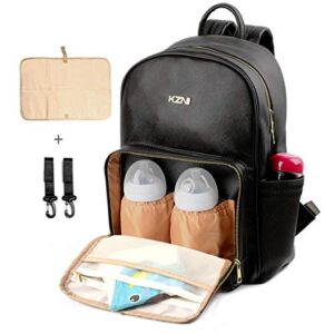 KZNI Pu Leather Diaper Bag Backpack-Nappy Bag Baby Bags for Mom,Unisex Maternity Diaper Bag with Stroller Hanger|Thermal Pockets|Adjustable Shoulder Straps|Water Proof|Large Capacity|Black