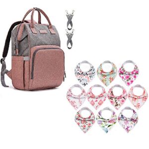 upsimples Diaper Bag Backpack Pink Grey Baby Bags for Girls Bundle with 10-Pack Baby Bandana Bibs for Girls Blossom Set, Contains 2 Items