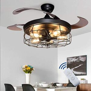 DLLT Ceiling Fan with Lights-42″ Industrial Ceiling Fan with Retractable Blades, Vintage Cage Ceiling Light Fixture with Remote for Kitchen, Dining Room, Living Room, 5 E26 Bulbs Not Included, Black