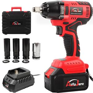 AUTOJARE Cordless Impact Wrench with 1/2” Chuck Max Torque 405 ft.lbs (550N.m) Powerful Brushless Motor 3.0A Rechargeable Li-ion Battery with Fast Charger Carrying Case & 4pc Sockets