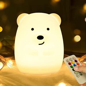 LED Nursery Night Lights for Kids -USB Rechargeable Cute Animal Silicone Lamps with Touch Sensor and Remote Control -Portable Color Changing Glow Soft Cute Baby Infant Toddler Gift (Bear)