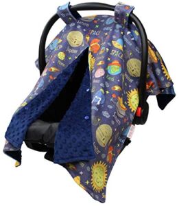 Baby Car Seat Canopy Cover – Planets in Space with Blue Minky Dot