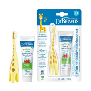Dr. Brown’s Infant-to-Toddler Training Toothbrush Set with Strawberry Fluoride-Free Toothpaste 1.4 oz, Soft for Baby’s First Teeth, Giraffe, BPA Free, 0-3 Years