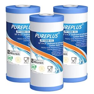 PUREPLUS 5 Micron 10″ x 4.5″ FXHTC Whole House Sediment and Carbon Water Filter Replacement Cartridge for GE GXWH40L, GXWH35F, GNWH38S, Culligan RFC-BBSA, WRC25HD, RFC-BB, PP10BB-CC, WFHD13001, 3Pack