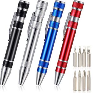 4 Pieces Pen Screwdriver Multitool Handy Tool 8 in 1 Magnetic Pocket Screwdriver Multi Precision Function Christmas Gift for Man Mini Gadgets Repair Tools(Black, Red, Blue, Silver)