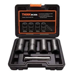 THINKWORK Twist Socket Set Lug Nut Remover Extractor Tool – 5-Piece Metric Bolt and Lug Nut Extractor Socket Tools