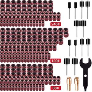 AUSTOR 345 Pcs Sander Drum Kit – 330 Pcs Nail Sanding Drum Sleeves(80#/120#/240#) 12 Pcs Drum Manrels 2 Pcs Self-Tightening Drill Chuck and 1 Pc Combination Wrench for Dremel Rotary Tool