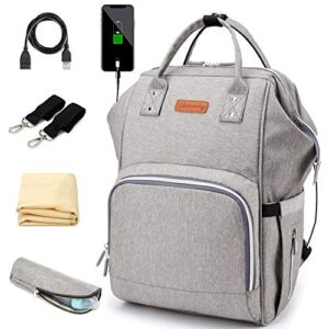 Diaper Bag Backpack for Baby with Insulated Pockets Stroller Straps Changing Pad and USB Charging Port, Large Capacity, Waterproof, Gray
