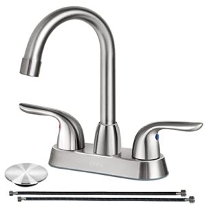 SOKA Centerset Bathroom Sink Faucet Two Handles High Arc 4″ Lavatory Bath With Deck Plate & Pop-Up Drain Fit 3 Hole Installation, Brushed Nickel (SK18001NY)