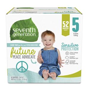 Seventh Generation Baby Diapers, Size 5, 52 Count, Super Pack, for Sensitive Skin