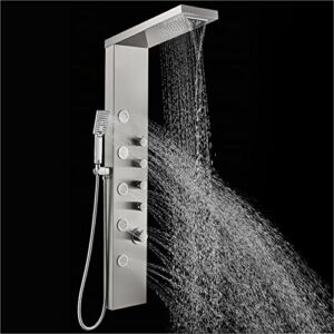 ROVOGO Shower Panel Tower, Rainfall Waterfall Shower Head, 5 Body Jets and 3-Function Handheld Shower, Rain Massage System, Wall-Mount Shower Column, Stainless Steel Brushed