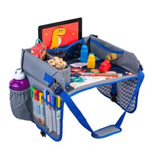 Kids Travel Tray – Car Seat Tray – Travel Lap Desk Accessory for Your Child’s Rides and Flights – it’s a Collapsible Organizer that Keeps Children Entertained Holding Their Toys (Blue)