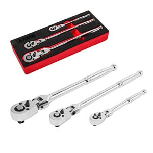 ARES 42028 – 3-Piece 72-Tooth Flex Head Ratchet Set – Premium Chrome Vanadium Steel Construction & Chrome Plated Finish – 72-Tooth Quick Release Reversible Design with 5 Degree Swing