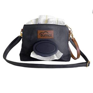 Bumco Crossbody Diaper Clutch Bag -Vegan Leather; Lightweight; Refillable Wipes Dispenser; Portable Changing Kit (Black)