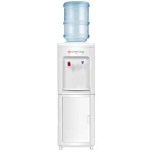 COSTWAY Water Cooler Dispenser for 3-5 Gallon Bottle, Top Loading Hot and Cold Water Dispenser with Storage Cabinet, Child Lock, Water Cooler with Compression Refrigeration Technology, White