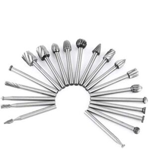 Tungsten Carbide HSS Rotary Burr Set – APlus 20pcs Wood Carving Drill Bits Set with 3mm 1/8 inch Shank for DIY Woodworking, Carving, Engraving, Drilling