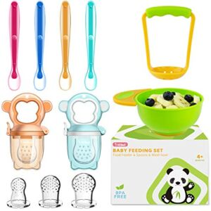 Baby Food Feeder Fruit Feeder Pacifier (2 Pack) with 3 Different Sized Silicone Pacifiers, Mash and Serve Bowl with 4 Baby Spoons Silicone Soft-Tip Infant Spoon, Baby First Stage Feeding Set by MICHEF