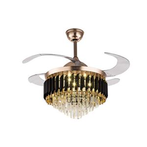 Crystal Ceiling Fan Chandelier Indoor Luxury Hiding Quiet 42 Inch Polished Gold Retractable Ceiling Fan Light LED 3 Color Setting， Remote Control (Black)