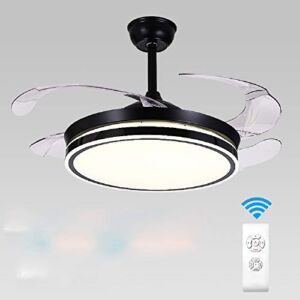 WUPYI 42” Fan Ceiling Light,Invisible Ceiling Fan with Light and Remote Control,LED Three-Color Lights Retractable Blades Chandelier Fan with Light,Black