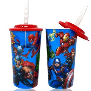 Marvel Superheroes Avengers Water Tumblers with Lid, Reusable Straw Deluxe Gift Set for Kids Boys Girls – Safe Approved BPA Goodies Home Travel
