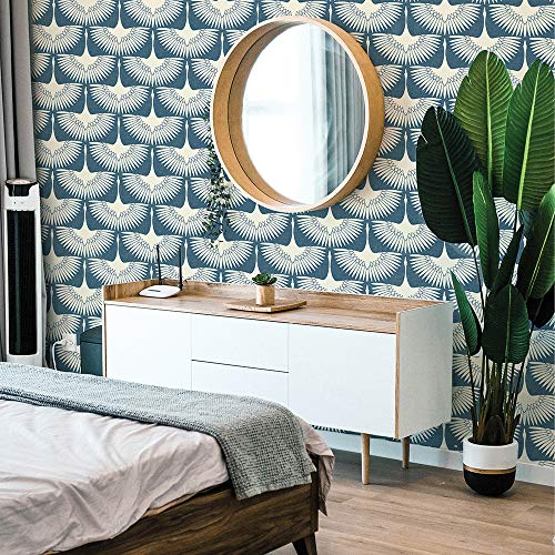 Tempaper x Genevieve Gorder Denim Blue Feather Flock Removable Peel and Stick Wallpaper, 20.5 in X 16.5 ft, Made in the USA | The Storepaperoomates Retail Market - Fast Affordable Shopping