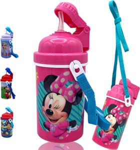 Zak Designs Disney Classic Minnie Carrying Strap One Touch Water Bottles with Reusable Built in Straw – Safe Approved BPA Free, Easy to Clean (Minnie Canteen 16.9oz)