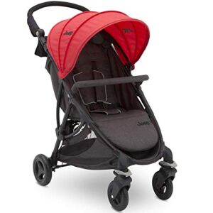 Jeep Gemini Stroller by Delta Children – Full of Features: Easy One-Hand Fold, Recline, Lightweight, Oversized Canopy, 2 Cup Holders, Shock Absorbing Frame, Grey Tweed with Red