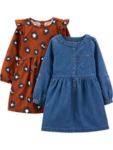 Simple Joys by Carter’s Toddler Girls’ Long-Sleeve Dress Set, Pack of 2, Chambray/Cheetah, 5T