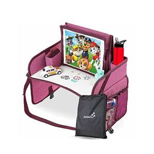 Kids Travel Tray with Bag – Toddler Car Seat Tray, Foldable Lap Travel Table Desk with iPad Holder, Drawing Board, Storage Pocket Organizer for Child Road Trip, Car Stroller, Airplane – Pink