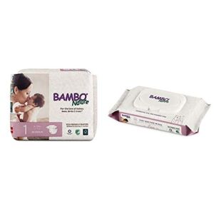 Bambo Nature Premium Baby Diapers, Size 1 (4-11 lbs), 28 Count with Bambo Nature Tidy Bottoms Baby Wipes 50 Sheets