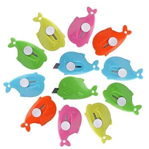 12pcs-Whale shape Mini Retractable Utility Knife Box Cutter Letter Opener, Alloy Steel Splicing Knife with Key Chain Hole（Random Color）