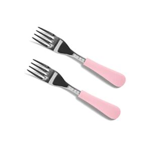 Avanchy Baby Stainless Steel Fork Set – 9 Months and Older – Baby Forks and Spoons for Self Feeding – BLW Utensils – 5.5″ × 1.25″ (Pink)