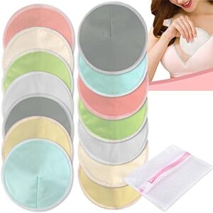 Organic Nursing Pads – Breast Pads for Postpartum Mothers, Three Layers of Bamboo Fiber Reusable Nursing Pads to Prevent Milk Spills (14PCS Nursing Pads + Wash Bag, 4.8 inches)
