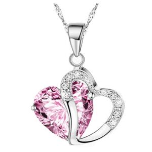 Lutos Heart Silver Plated Crystal Diamond Gem Pendant Hollow Silver Chain Necklace Shinning Jewelry for Girl Women