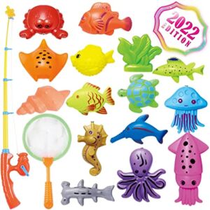 CozyBomB Kids Fishing Bath Toys Game – 17Pcs Magnetic Floating Toy Magnet Pole Rod Net, Plastic Floating Fish – Toddler Education Teaching and Learning Colors (New)